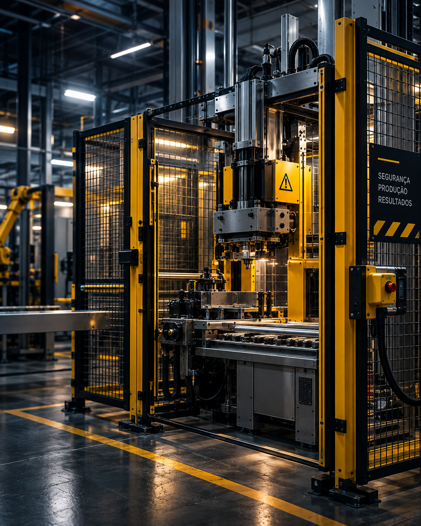 Máquina industrial com sistemas de proteção e segurança.